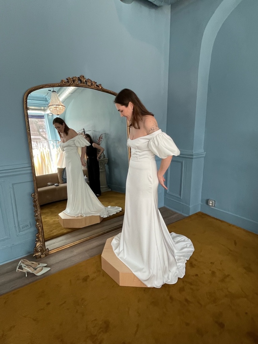Sarah Seven Elena Gown Off-the-Shoulder White Satin Wedding Gown